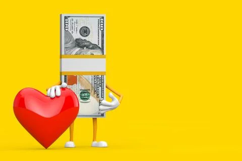 Stack of One Hundred Dollar Bills Person Character Mascot with Red Heart. 3d  Stock Illustration