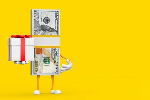 Stack of One Hundred Dollar Bills Person Character Mascot with Gift Box and R イラスト素材