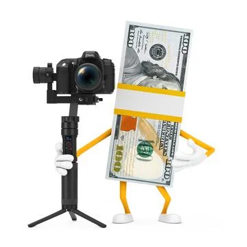 Stack of One Hundred Dollar Bills Person Character Mascot with DSLR or Video  Stock Illustration