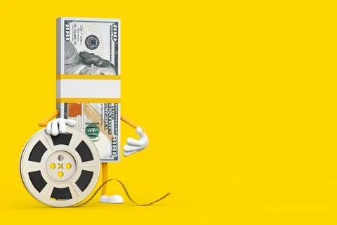 Stack of One Hundred Dollar Bills Person Character Mascot with Film Reel Cine Stock Illustration