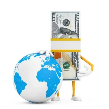 Stack of One Hundred Dollar Bills Person Character Mascot with Earth Worldwid Stock Illustration