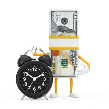 Stack of One Hundred Dollar Bills Person Character Mascot with Alarm Clock. 3 Stock Illustration