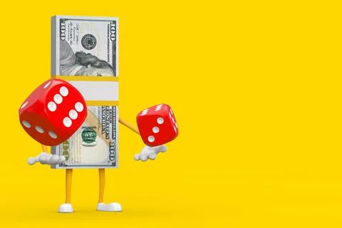 Stack of One Hundred Dollar Bills Person Character Mascot with Red Game Dice  Stock Illustration