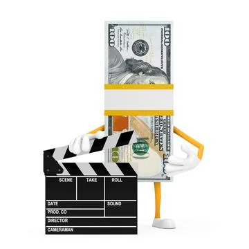Stack of One Hundred Dollar Bills Person Character Mascot with Movie Clapper  Stock Illustration