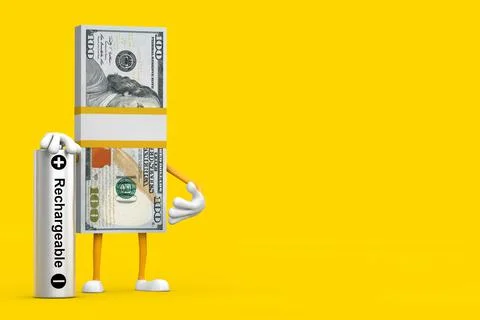 Stack of One Hundred Dollar Bills Person Character Mascot with Rechargeable B Stock Illustration