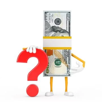 Stack of One Hundred Dollar Bills Person Character Mascot with Red Question M Illustrazione stock