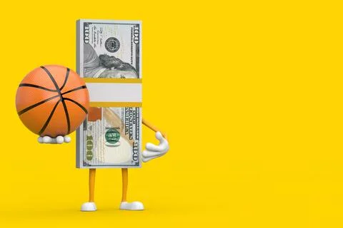 Stack of One Hundred Dollar Bills Person Character Mascot with Basketball Bal Illustrazione stock