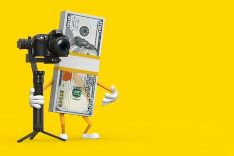 Stack of One Hundred Dollar Bills Person Character Mascot with DSLR or Video  Stock Illustration