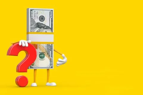 Stack of One Hundred Dollar Bills Person Character Mascot with Red Question M Illustrazione stock