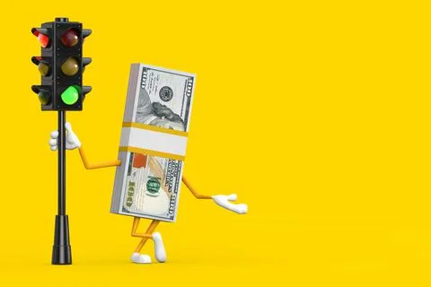 Stack of One Hundred Dollar Bills Person Character Mascot with Traffic Green  Stock Illustration