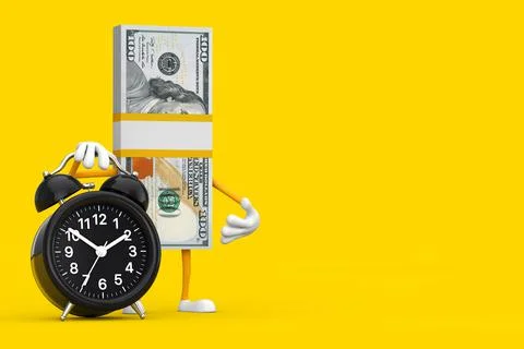 Stack of One Hundred Dollar Bills Person Character Mascot with Alarm Clock. 3 Stock Illustration