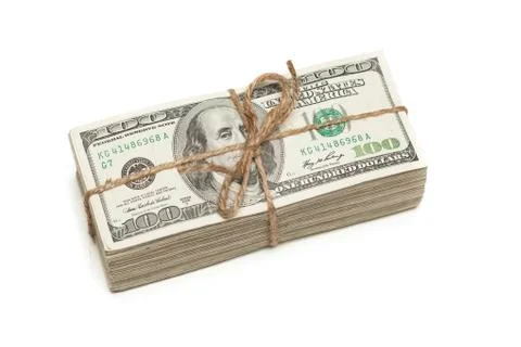 Stack of One Hundred Dollar Bills Tied in a Burlap String on White Stock Photos