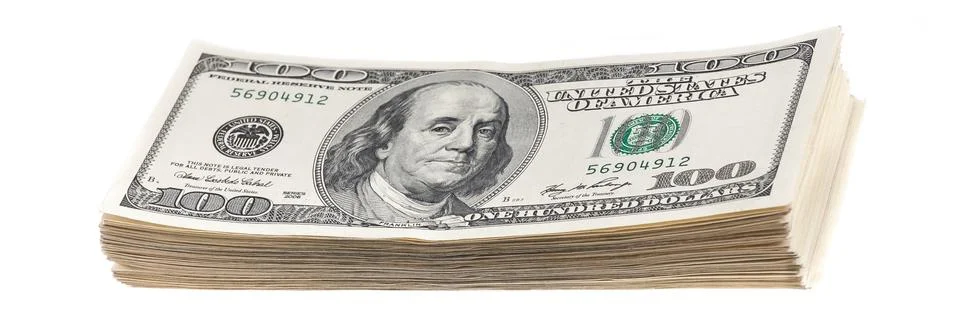 A stack of one hundred dollar bills on a white background. Stock Photos