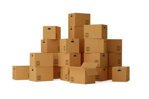 Stack of open and closed brown cardboard moving storage boxes over white back Stock Illustration