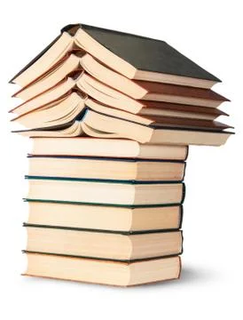 Stack of open and closed old books rotated Stock Photos