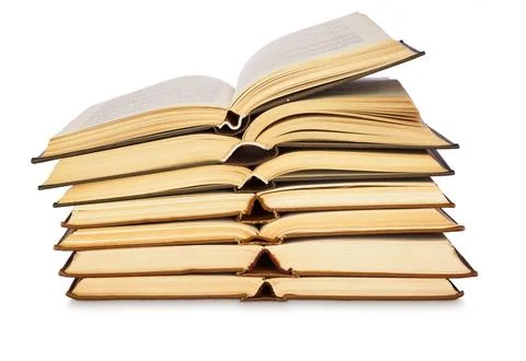 Stack of Open Paper Books Isolated on White Background Stock Photos