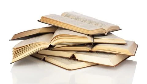 Stack of Open Paper Books Isolated on White Background Stock Photos