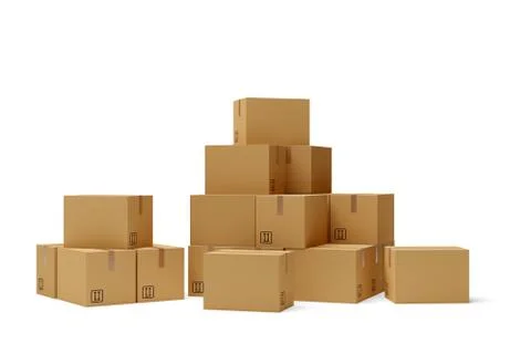 Stack or heap of brown carton cardboard boxes over white background, freight, Stock Illustration