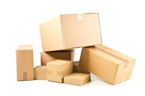 Stack or heap of brown carton cardboard boxes over white, freight, deilvery o 库存照片