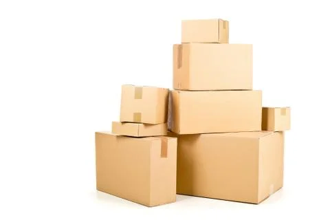 Stack or heap of brown carton cardboard boxes over white, freight, deilvery o Foto stock