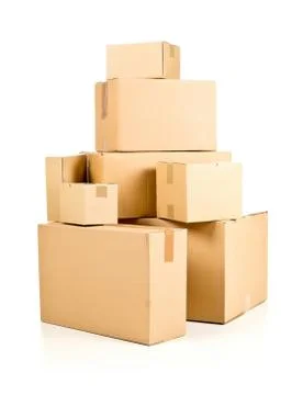 Stack or heap of brown carton cardboard boxes over white, freight, deilvery o 库存照片