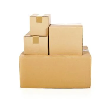 Stack or heap of brown carton cardboard boxes over white, freight, deilvery o 库存照片