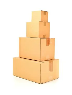 Stack or heap of brown carton cardboard boxes over white, freight, deilvery o 库存照片