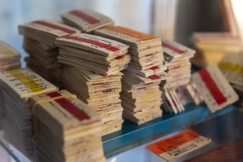 Stack or piles of a lot of old antique train tickets made of cardboard Stock Photos