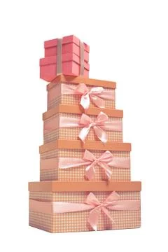 Stack of orange gift boxes with ribbons Foto stock