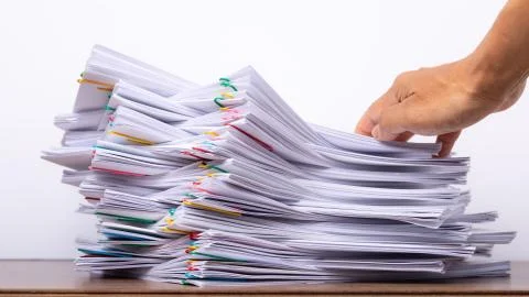 Stack overload document report papers, business paperless concept. Stock Photos