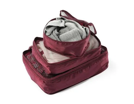Stack of packing cubes isolated on white Stockfoto's
