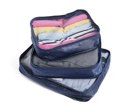 Stack of packing cubes isolated on white 스톡 사진