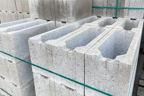 Stack on Pallet of Concrete Cinder Blocks, Grey Uniformed brick Shapes buil.. Stock Photos