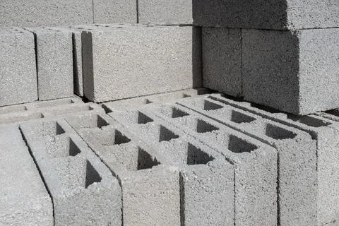 Stack on Pallet of Concrete Cinder Blocks, Grey Uniformed brick Shapes buil.. 写真素材