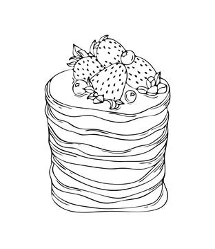 Stack of pancakes with berries. Hand drawn vector illustration. Doodle style Stock Illustration