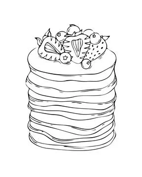 Stack of pancakes with berries. Hand drawn vector illustration. Doodle style Stock Illustration