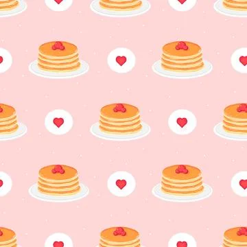 Stack of pancakes with berries on plate pattern with hearts on pink background Stockillustratie