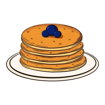 Stack of pancakes with berries on plate in retro style isolated on white Stock Illustration