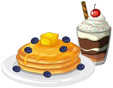 Stack of Pancakes with Blueberries and a Chocolate Parfait Dessert Stock Illustration