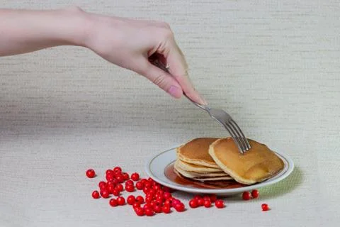 Stack of Pancakes, Breakfast on table Stock Photos
