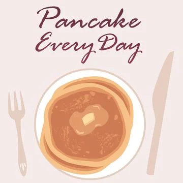 Stack of pancakes with butter on a plate, cutlery fork and knife, delicious Illustrazione stock