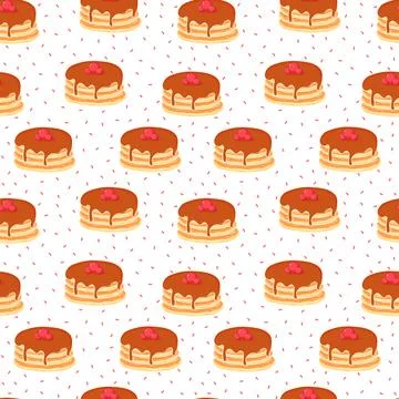 Stack of pancakes with chocolate on plate pattern on white background, cute food Stock Illustration