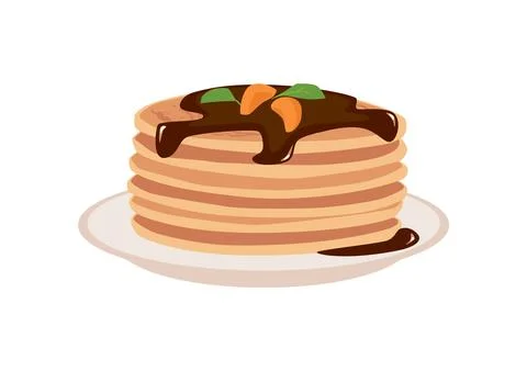Stack of pancakes with chocolate syrup on plate flat style Stockillustratie