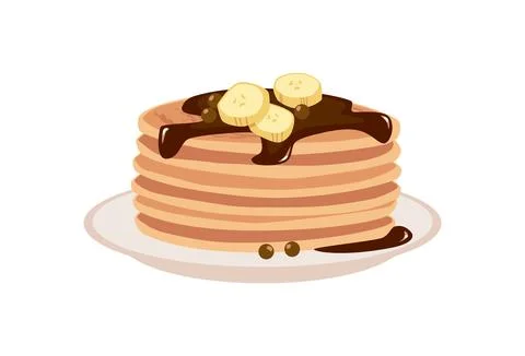 Stack of pancakes with chocolate topping, banana slices and candies on a plate Stockillustratie