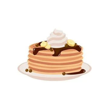 Stack of pancakes with chocolate topping, whipped cream, banana slices and Illustrazione stock