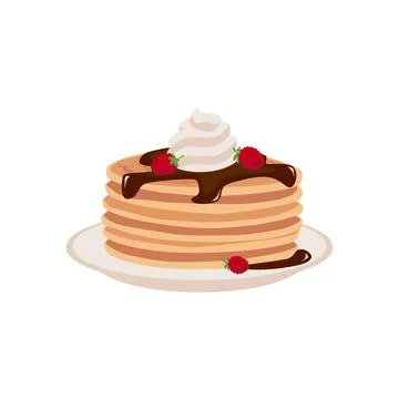 Stack of pancakes with chocolate topping, whipped cream and raspberries on a Illustrazione stock