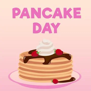 Stack of pancakes with chocolate topping, whipped cream and raspberries on a Stock Illustration