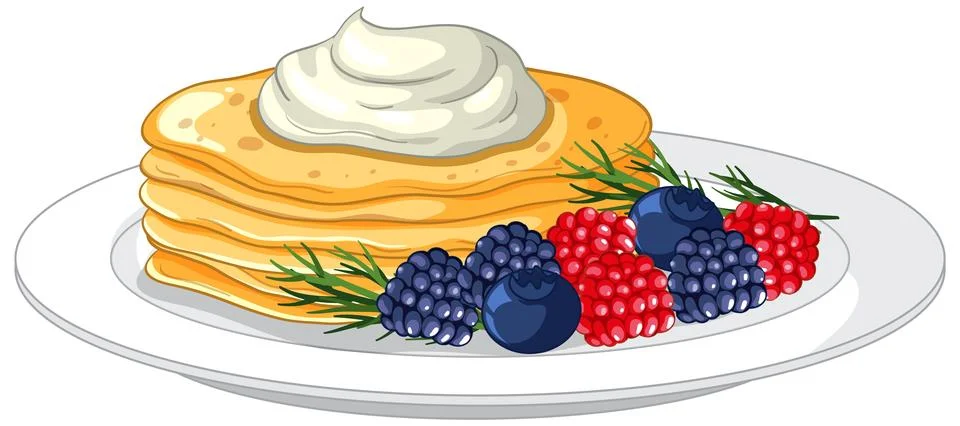 Stack of Pancakes with Cream and Fresh Berries Stock Illustration