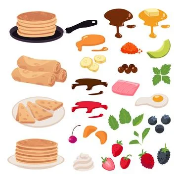 Stack of pancakes, different jam and topping, whipped cream, fruit and berries Stock Illustration