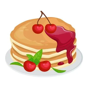 Stack of pancakes with dripping cherry syrup and cherries on top. Plate with Stock Illustration